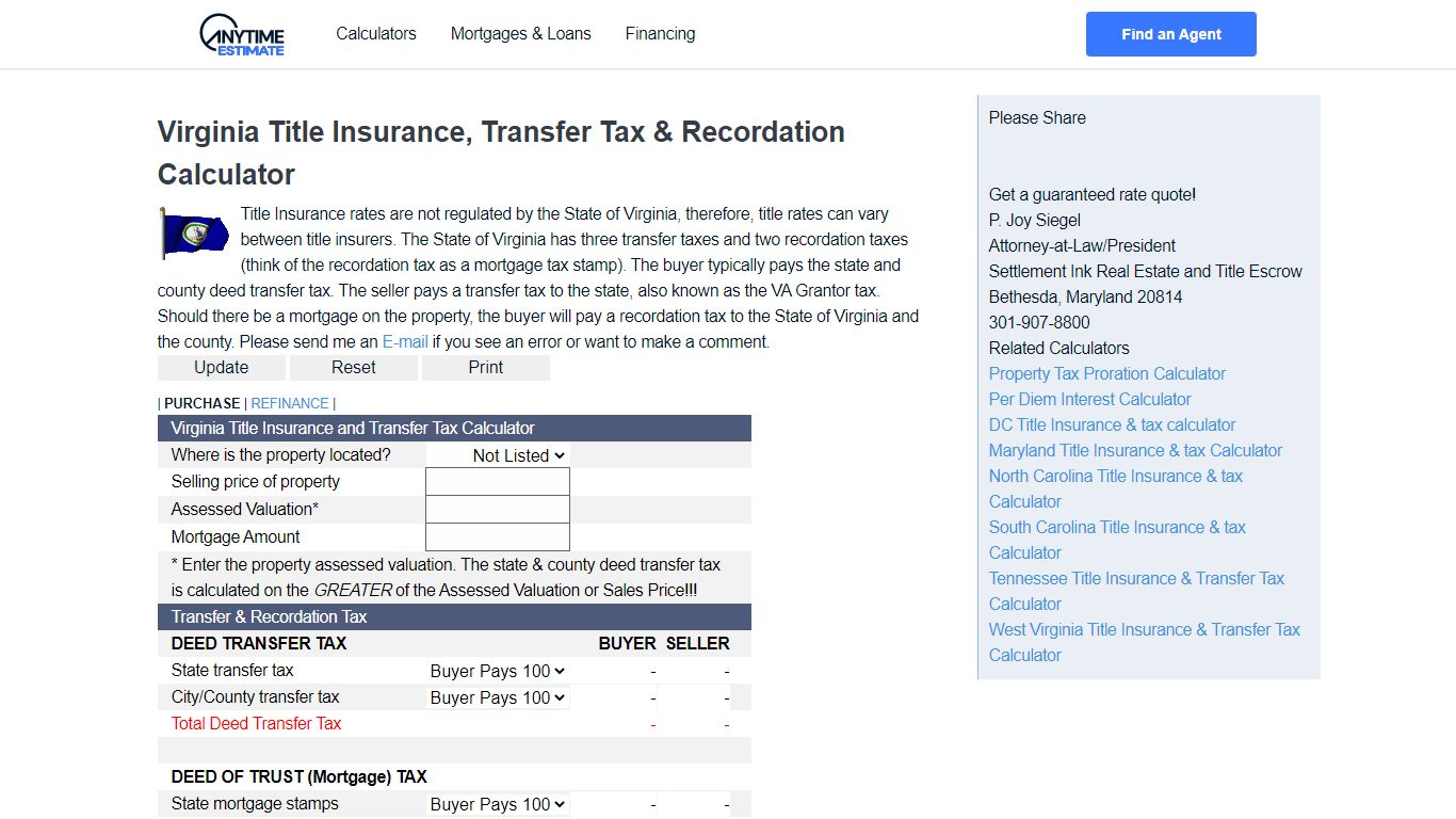 Virginia Title Insurance, Transfer Tax & Recordation Calculator