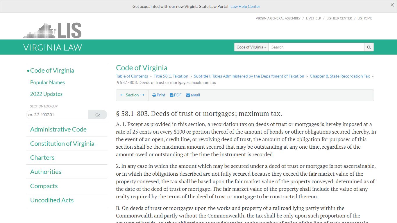 § 58.1-803. Deeds of trust or mortgages; maximum tax - Virginia